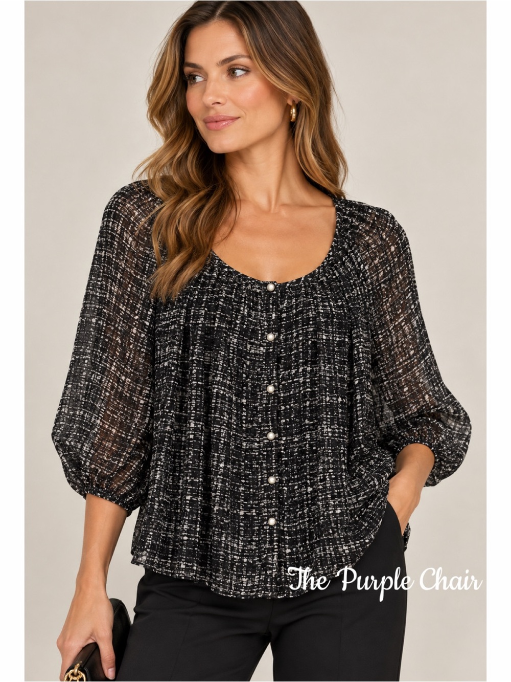 MILLY Black/White Pearl Button 3/4 Sleeve Silk Blouse 2